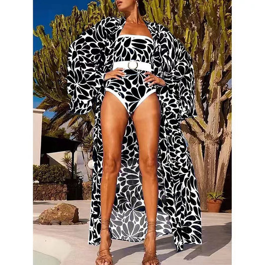 Printed One-piece Swimsuit Women's Long-sleeved Blouse cover- up