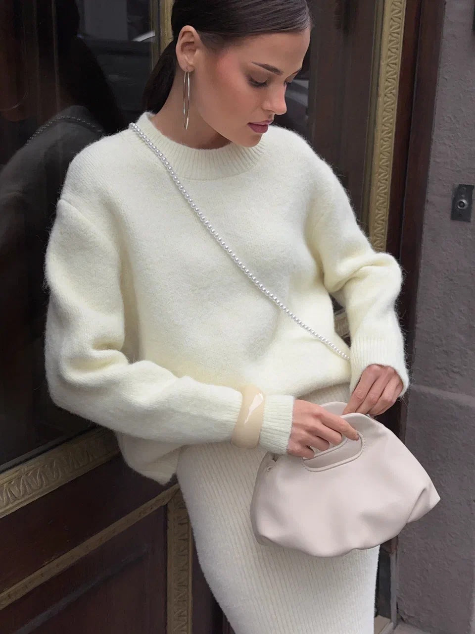 Women Autumn Winter Loose Long Wool Alpaca round Neck Sweater