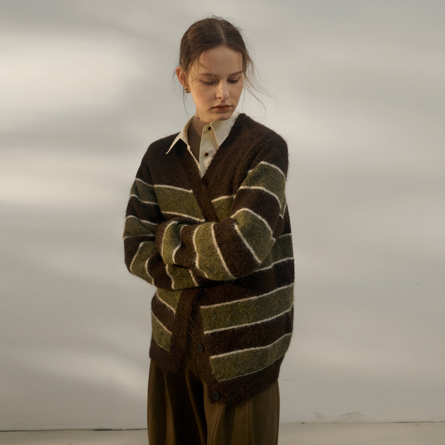 Autumn Winter Lazy Sweater Women Retro Gentle Casual Three Dimensional Striped Contrast Color V neck Long Sleeve Knitted Cardigan