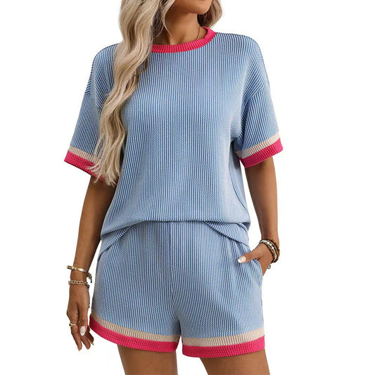 Women's Casual Versatile New Color Contrast Patchwork T-shirt Knitted Shorts