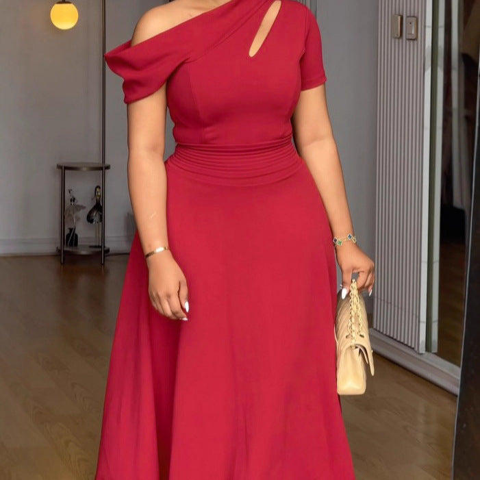 Women Casual off Shoulder Waist Solid Color A line Dress