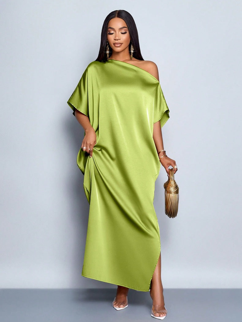 Women Clothing Early Autumn Satin Dress Yellow Satin Maxi Dress