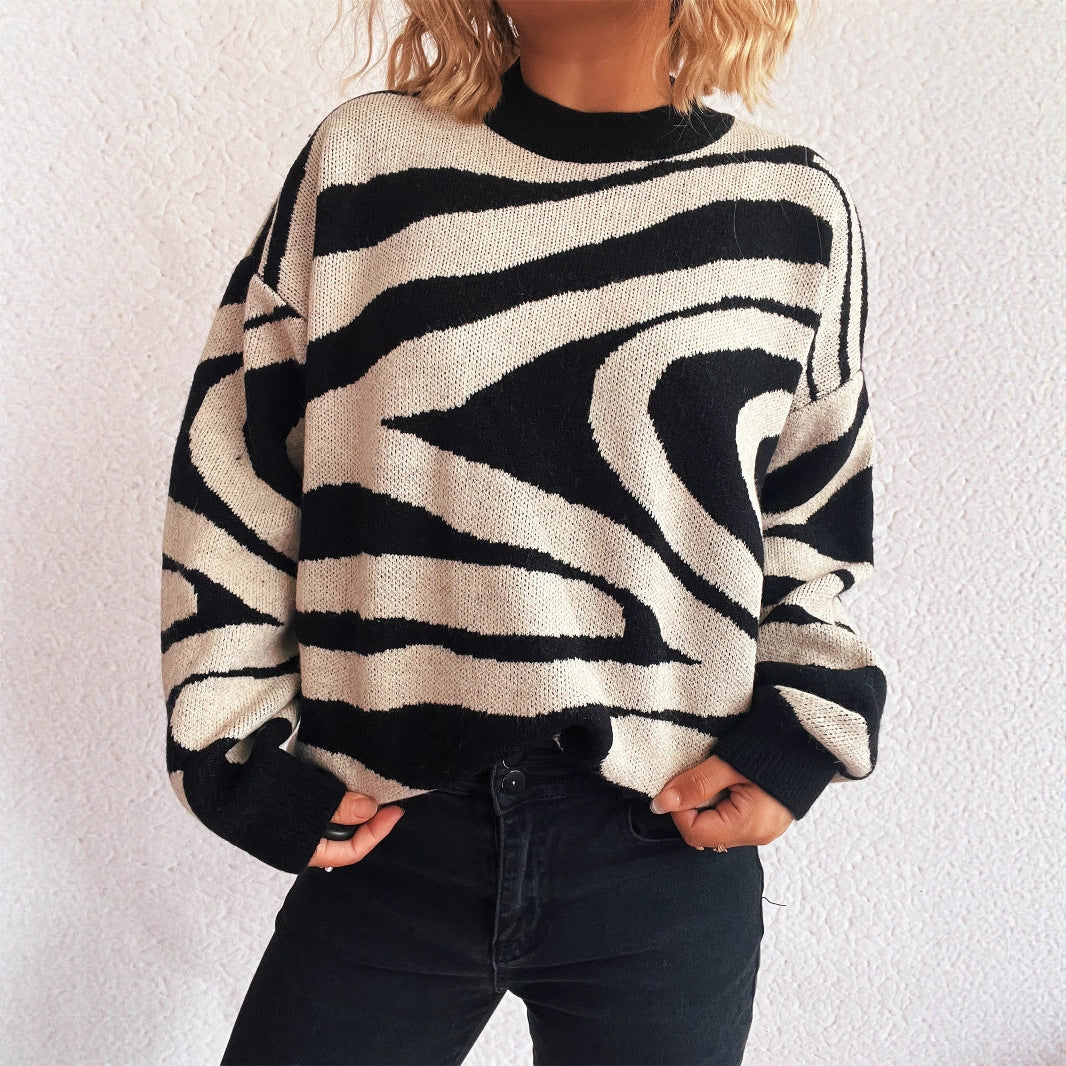 Women Clothing Fall Knitted Pullover Zebra Pattern round Neck Shabby Sweater