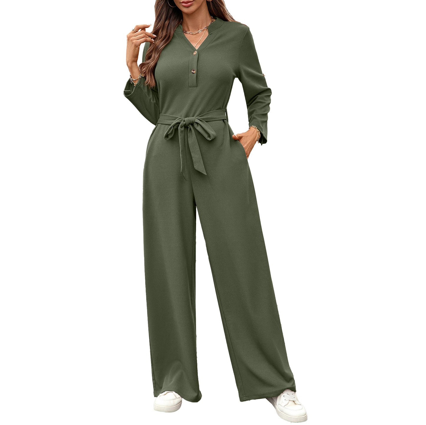 Spring Summer Solid Color High Waist Lace up Button Long Sleeve Loose Jumpsuit