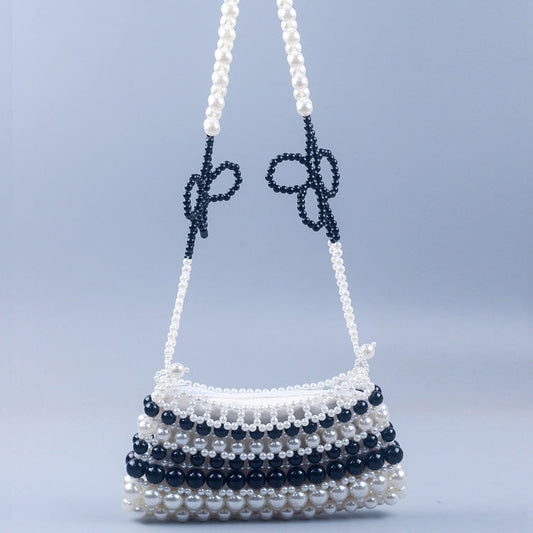 Trendy Black White Contrast Color Satchel Black Woven Floral Mobile Phone Bag Handmade Beaded Handbag Travel