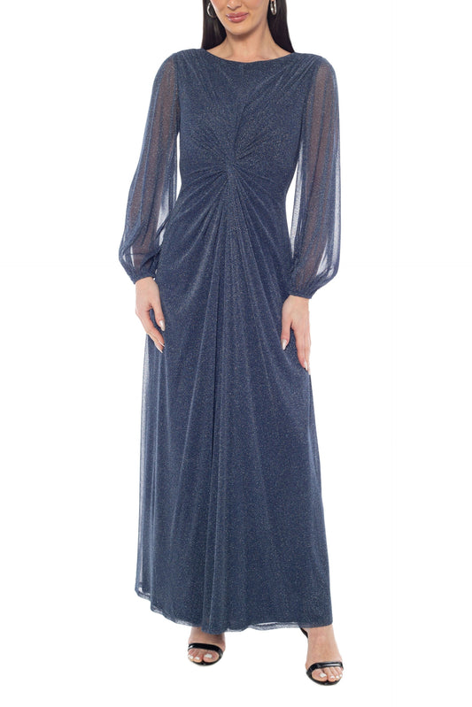 Oleg Cassini Deep Navy Soft Cowl Neckline V-Back Long Sheer Bishop Sleeves Zipper Closure Middle Twist A-Line Maxi Dress