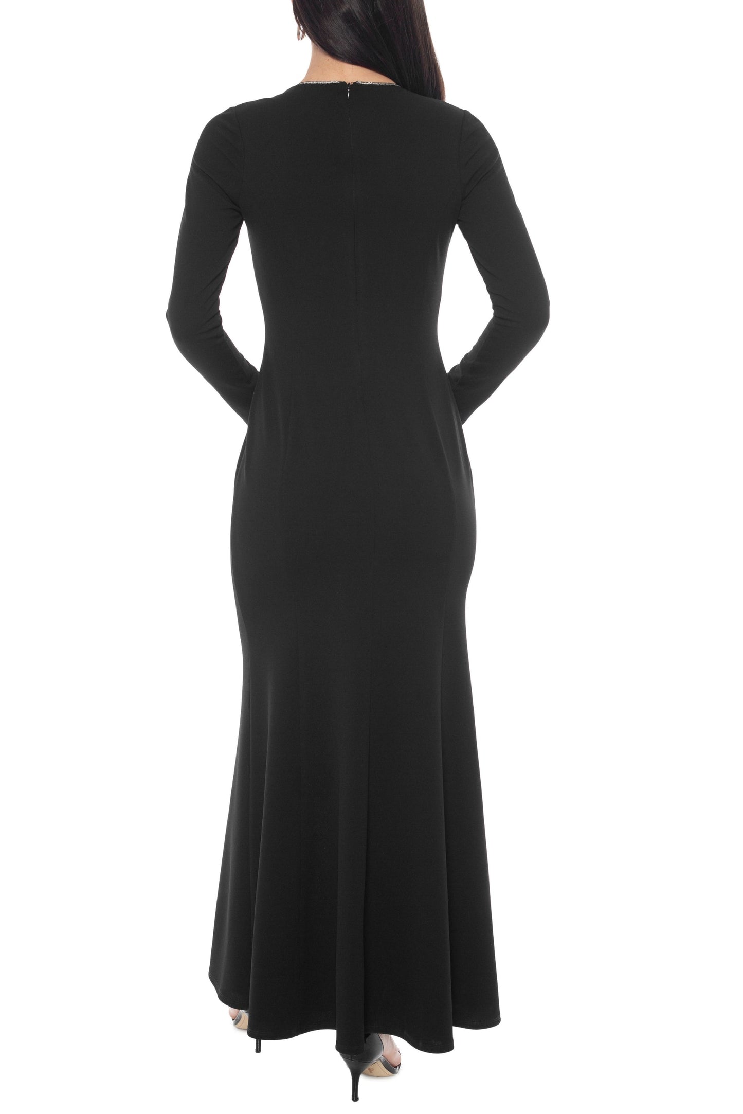 Oleg Cassini Black V-Neckline Long Sleeves Sheath Silhouette Skirt Front Slit Maxi Dress