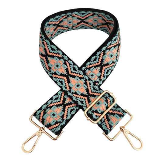 Back, Teal, & Light Pink Medallion Bag Strap - Gold Hardware