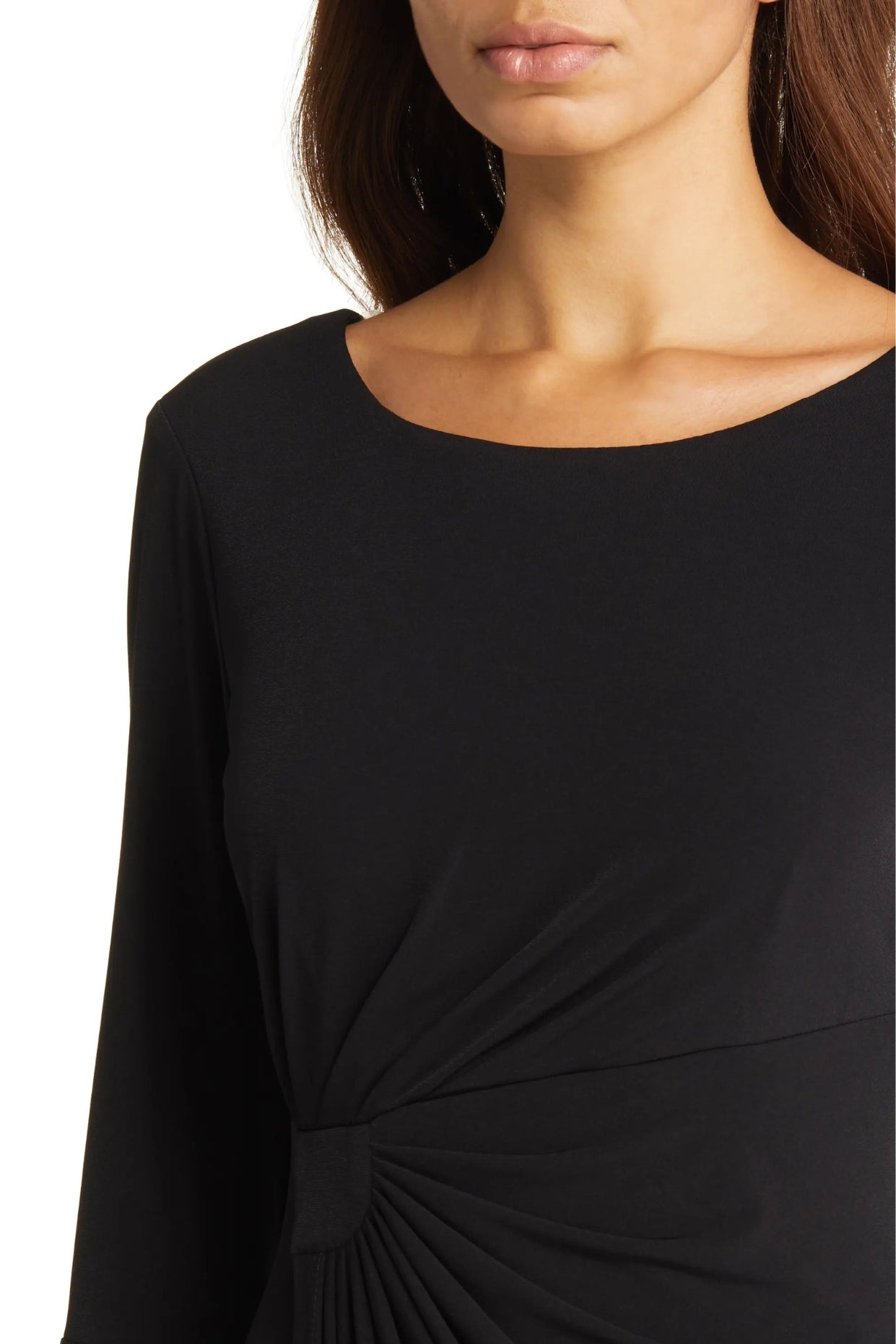 Connected Apparel Boat Neck Circular Flounce Sleeve Gathered Side Solid ITY Gown