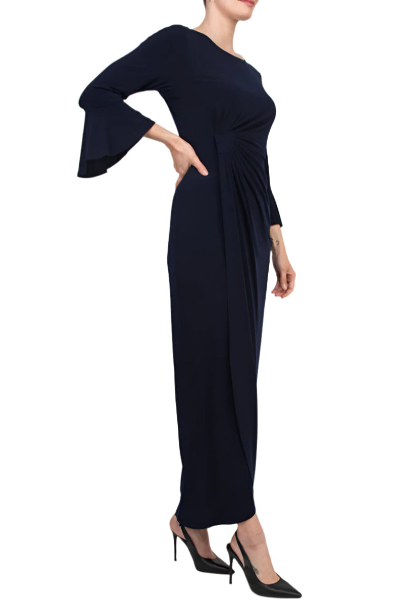 Connected Apparel Boat Neck Circular Flounce Sleeve Gathered Side Solid ITY Gown