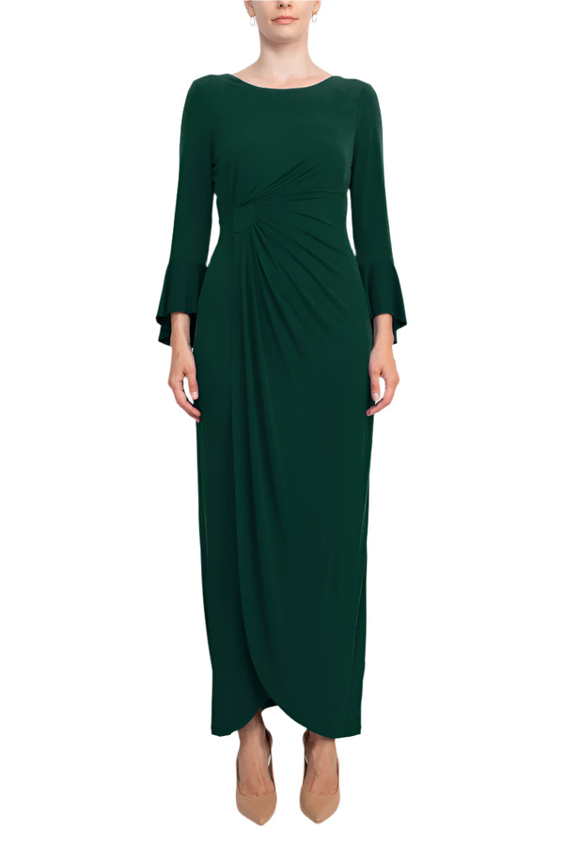 Connected Apparel Boat Neck Circular Flounce Sleeve Gathered Side Solid ITY Gown