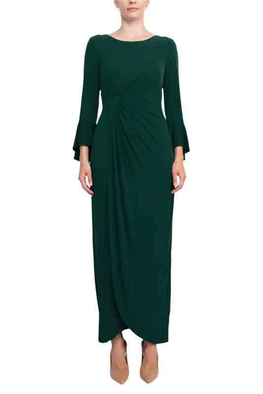 Connected Apparel Boat Neck Circular Flounce Sleeve Gathered Side Solid ITY Gown