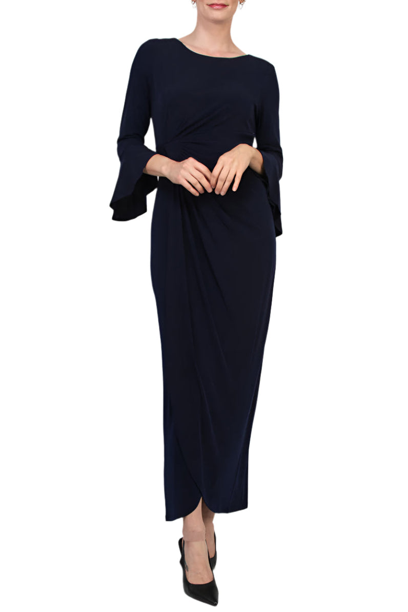 Connected Apparel Boat Neck Circular Flounce Sleeve Gathered Side Solid ITY Gown