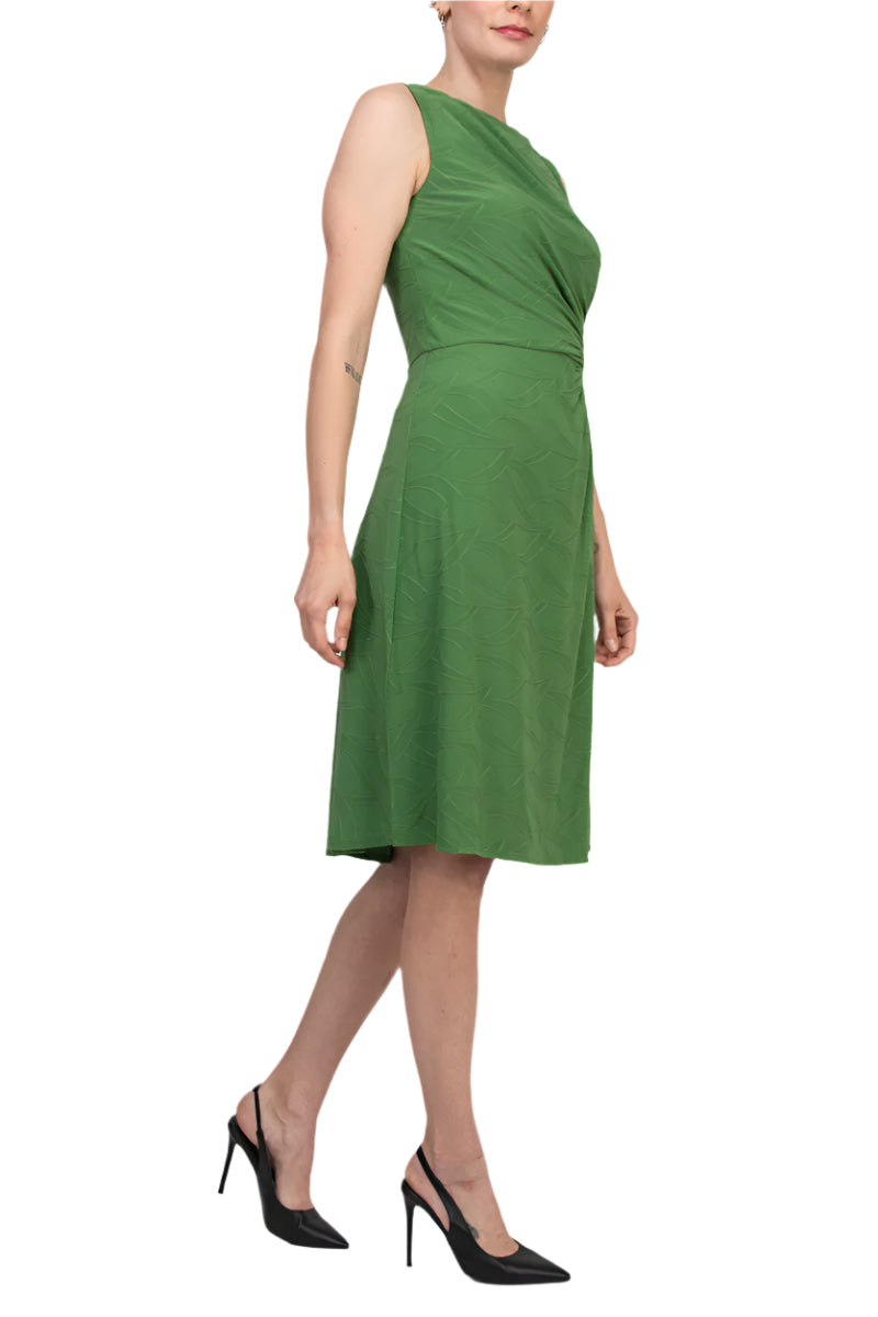 London Times Crew Neckline Sleeveless Ruched Side Textured Leaf Detail Asymmetrical Midi Dress