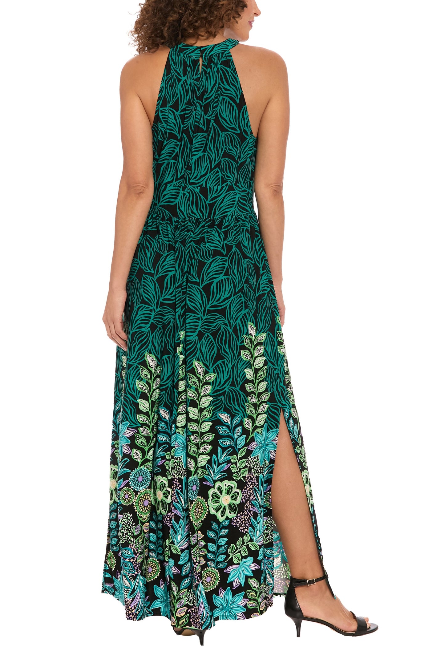 London Times Halter Neckline Keyhole Cutout Sleeveless Side Split Maxi Dress