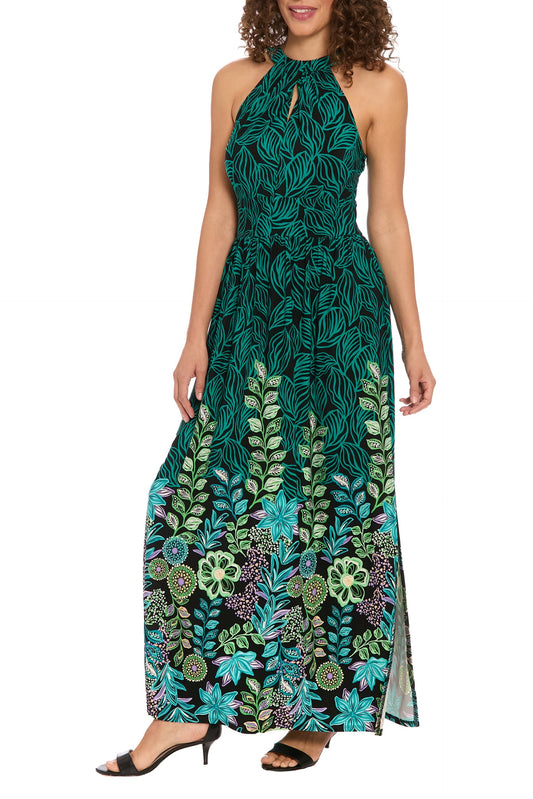 London Times Halter Neckline Keyhole Cutout Sleeveless Side Split Maxi Dress