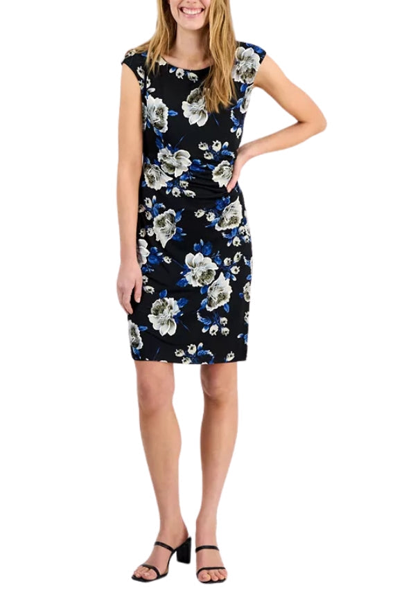 Connected Apparel Floral Print Scoop Neckline Cap Sleeve Side Gathered Sheath Dress