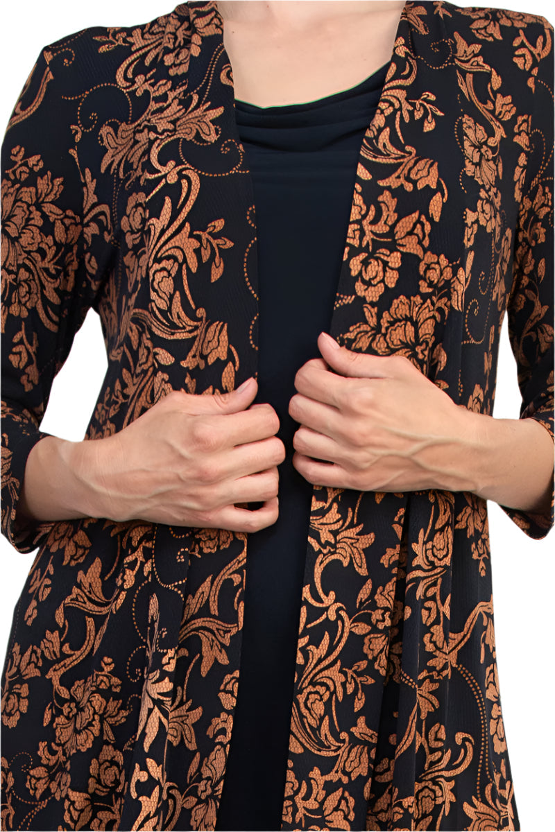 Connected Apparel Cowl Neck Straight Midi Dress with Attached Three-Quarter Sleeves Jacket