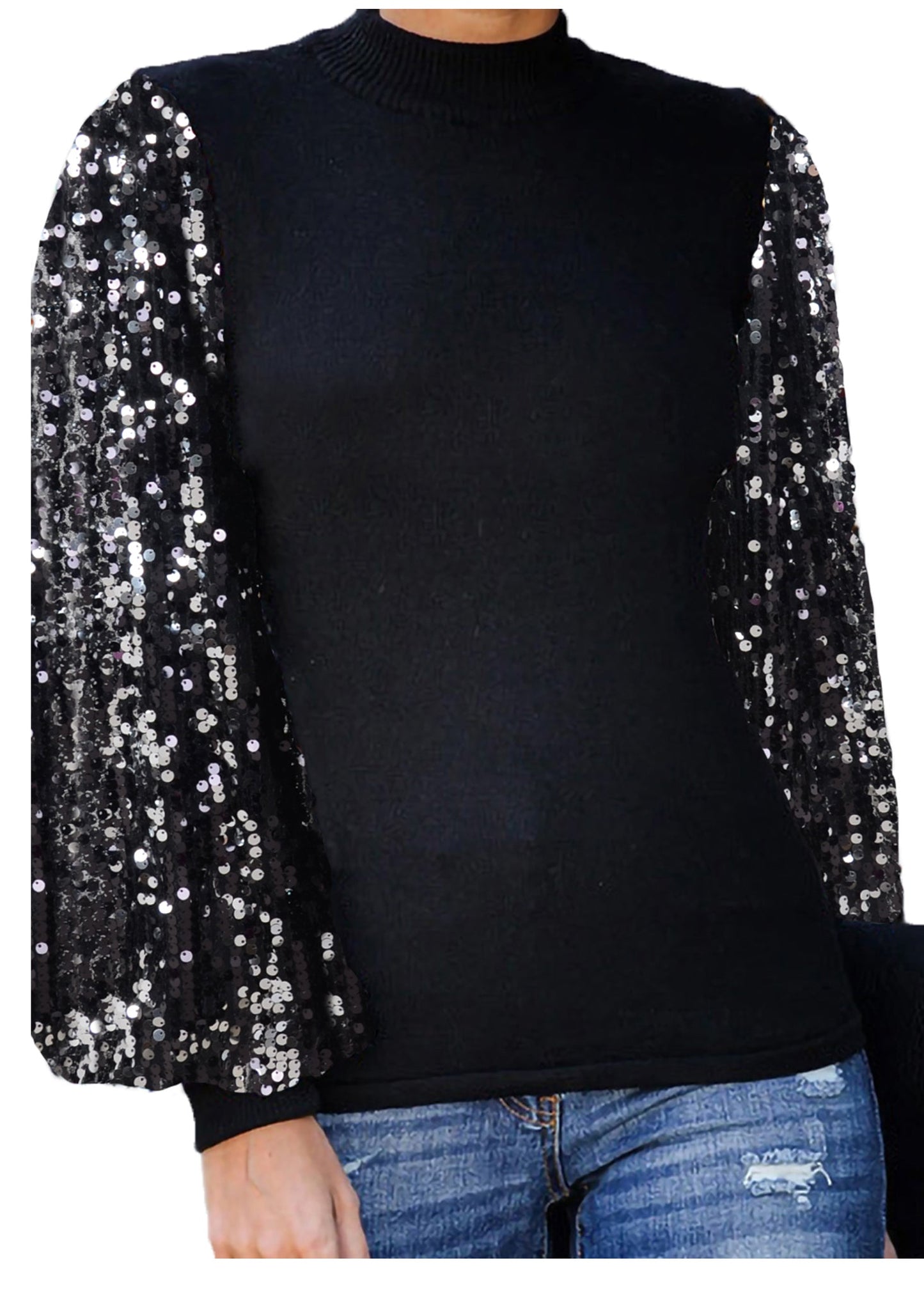 Sequin Balloon Long Sleeve Mock Neck Pullover