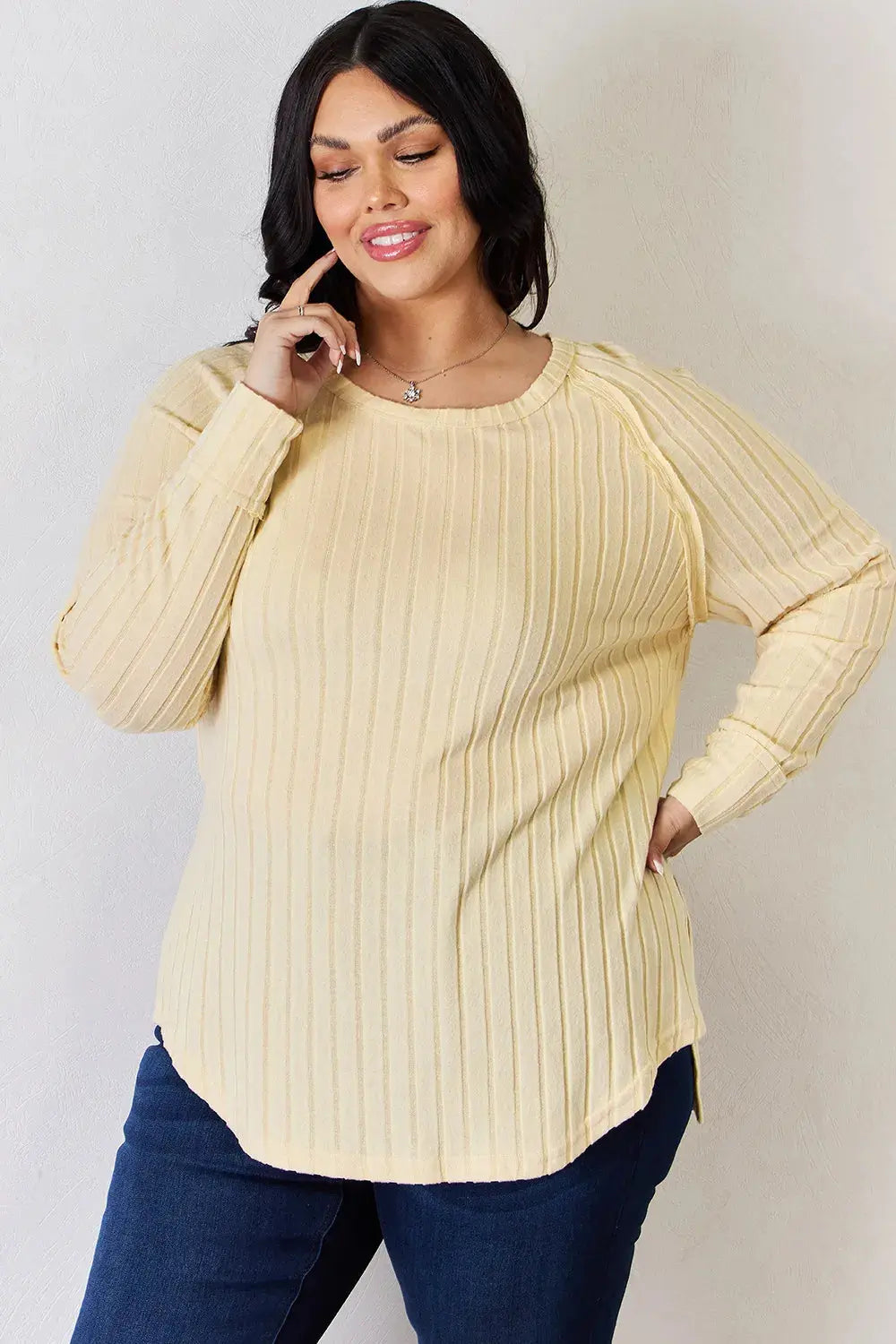 Basic Bae Ribbed Round Neck Slit Womens Long Sleeve T Shirt – Full & Plus Size