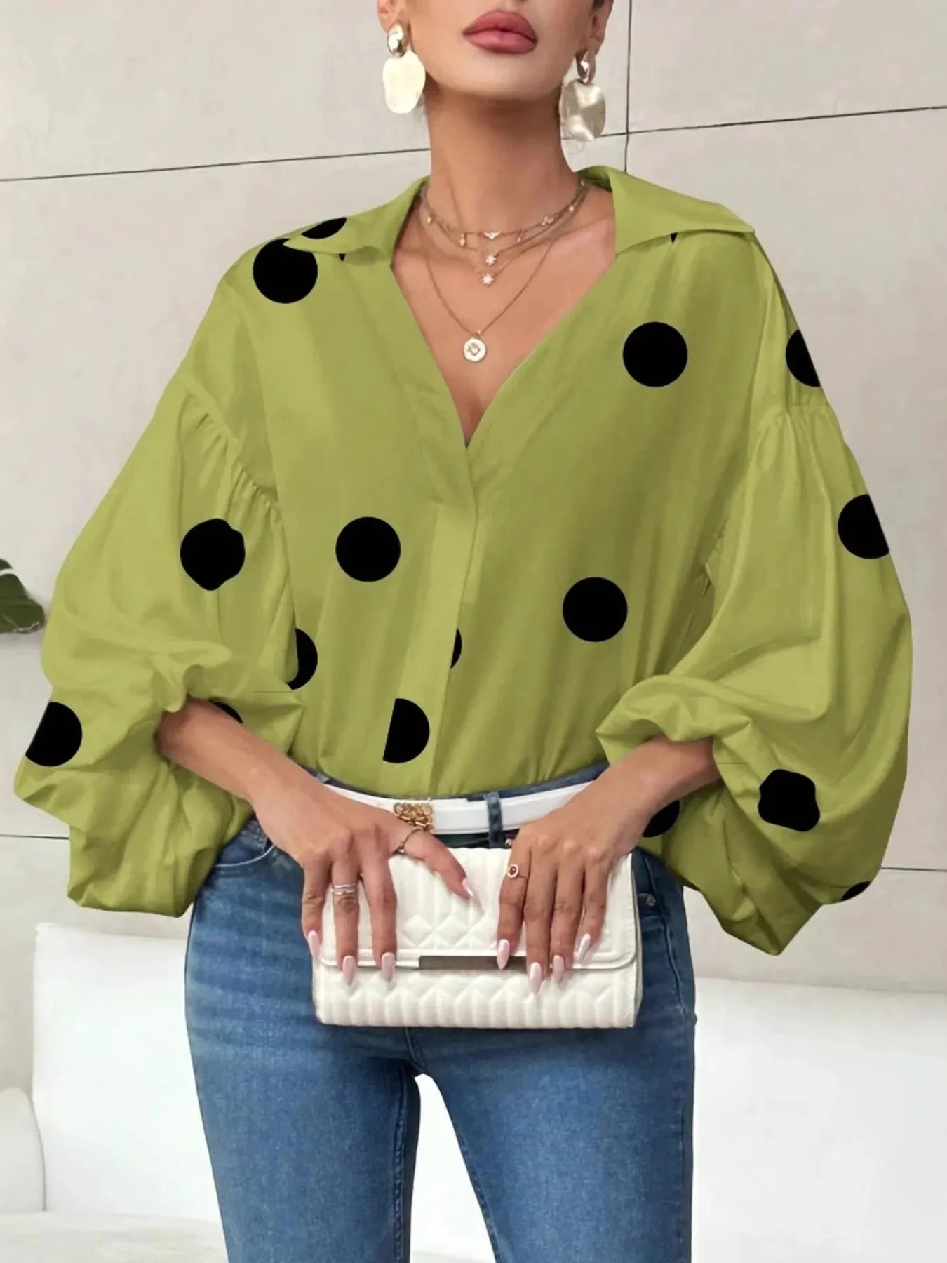 Oversized Polka Dot Balloon Sleeve Blouse