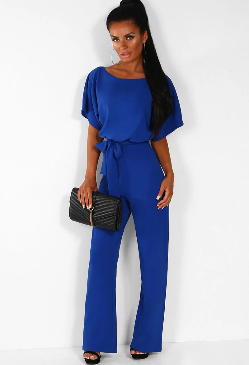 Tie-up Button Short-sleeved Women's Jumpsuit