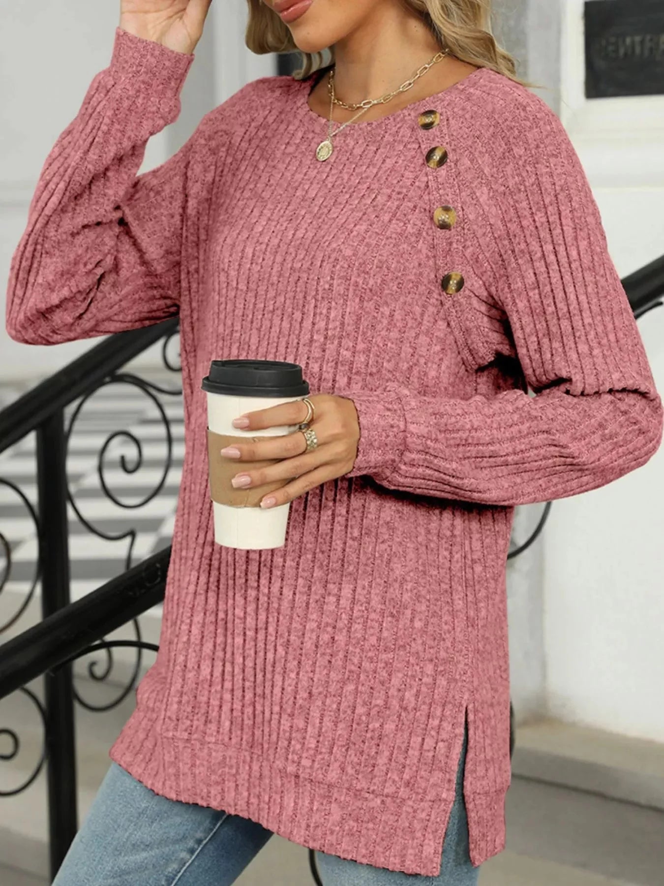 Cozy Chic Ribbed Button Detail Long Sleeve Tunic