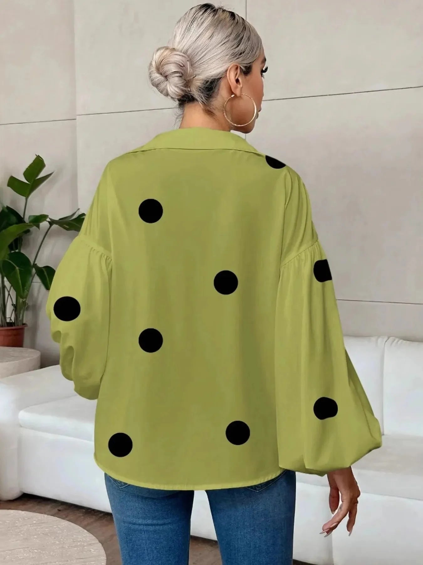 Oversized Polka Dot Balloon Sleeve Blouse
