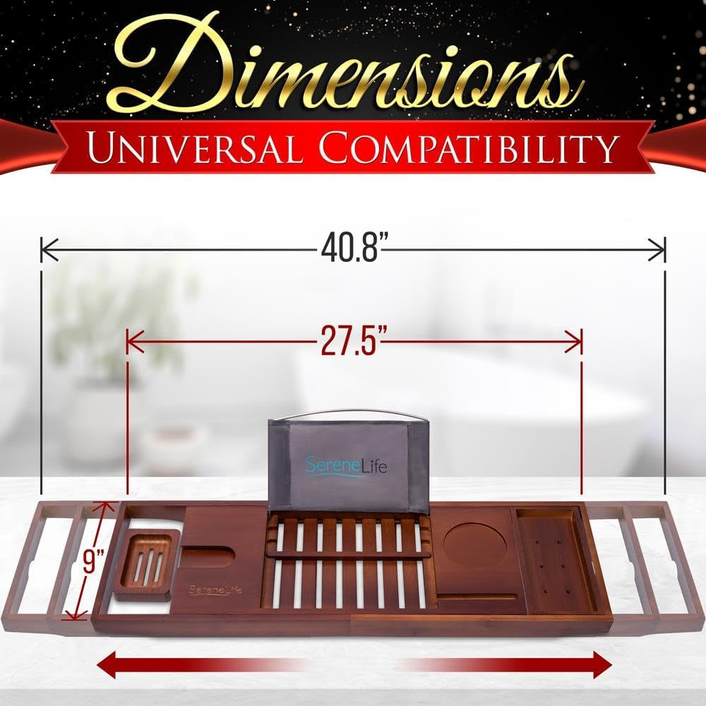 Bamboo Bathtub Caddy Tray – Expandable Waterproof Bath Tray with Wine Glass Holder, Tablet Stand & Removable Accessory Slots – Eco-Friendly, Adjustable & Durable