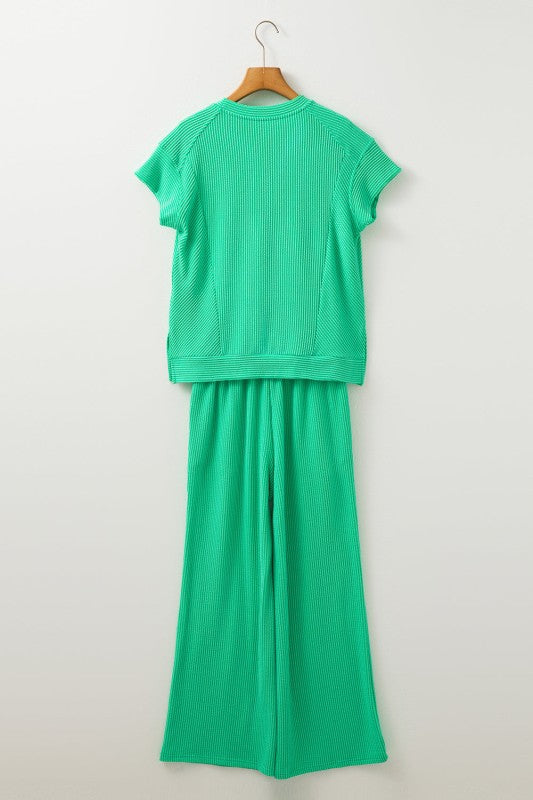 Solid Corded T-Shirt and Pants Set