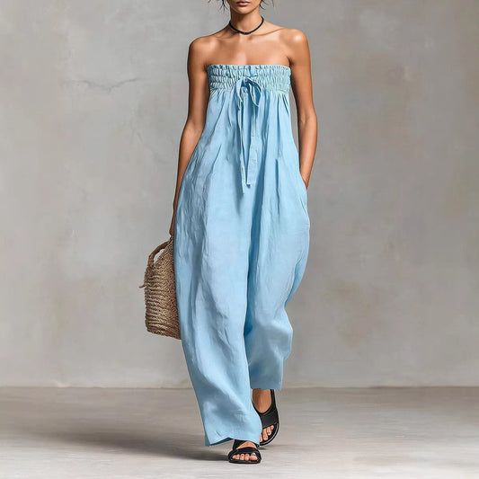 Womens Lace-up Tube Top Strapless Ruched Jumpsuit