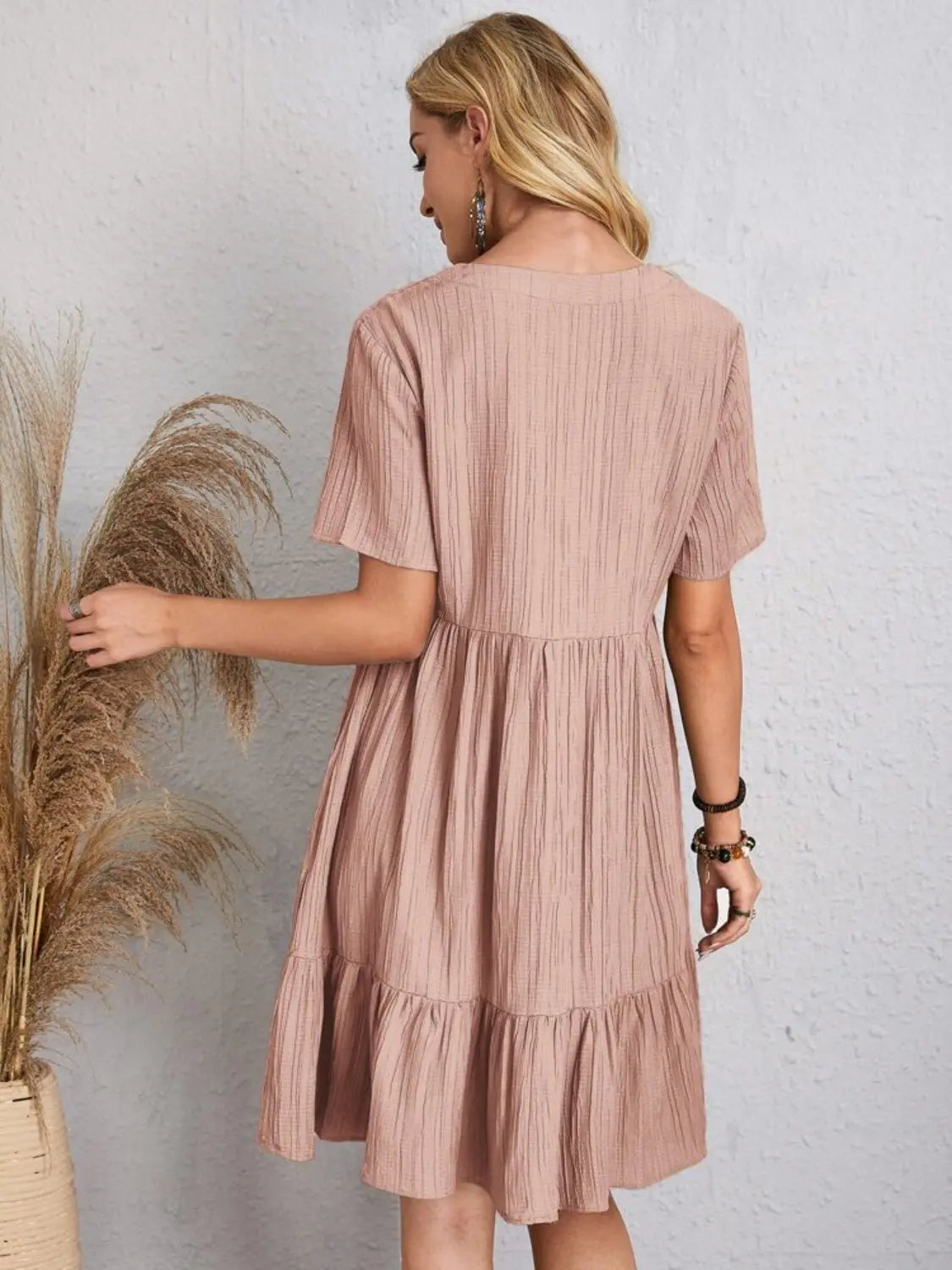 Boho Textured V-Neck Short Sleeve Babydoll Dress
