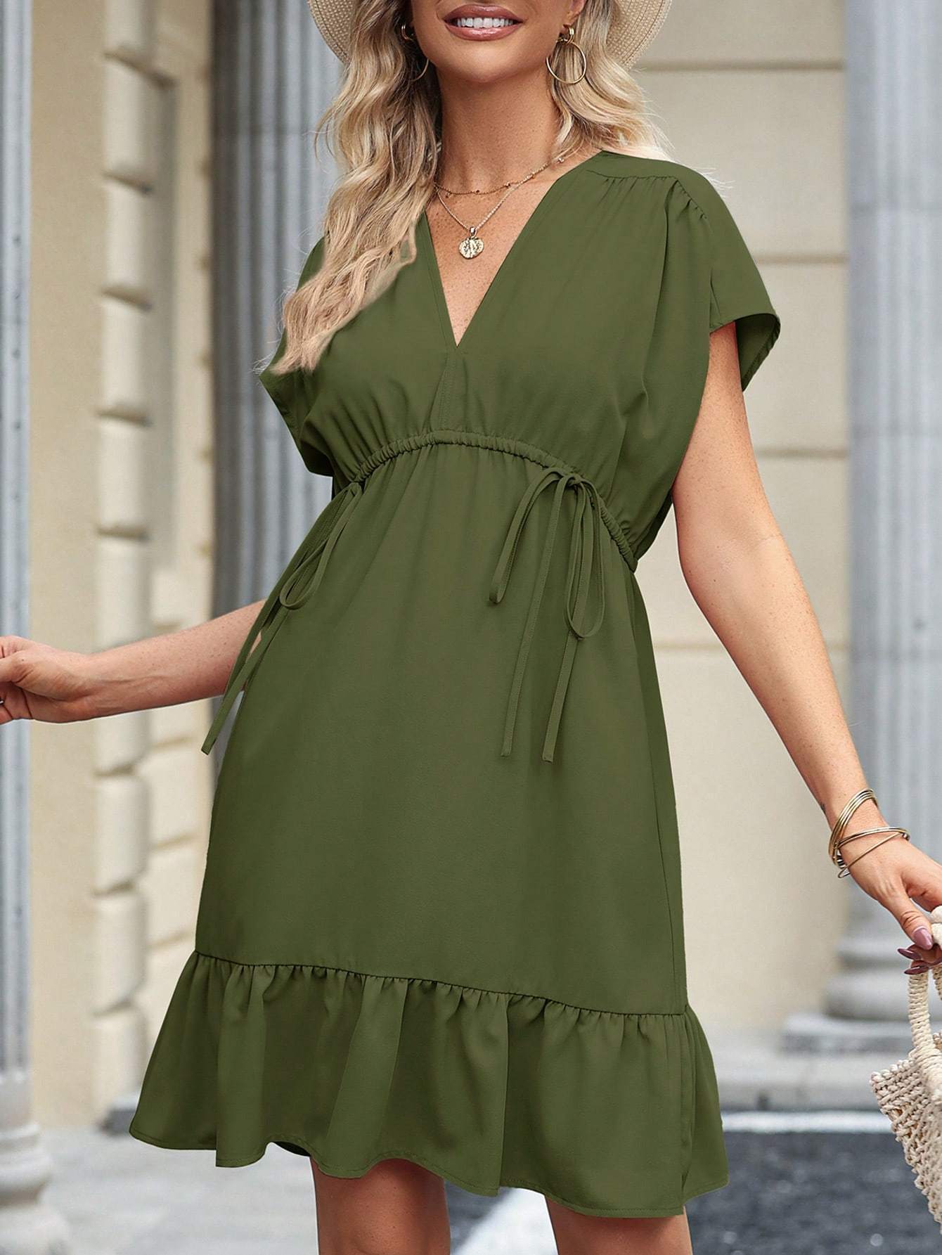 Short Sleeve V Neck Drawstring Casual Flowy Ruffle A-Line Swing Mini Babydoll Tunic Dress