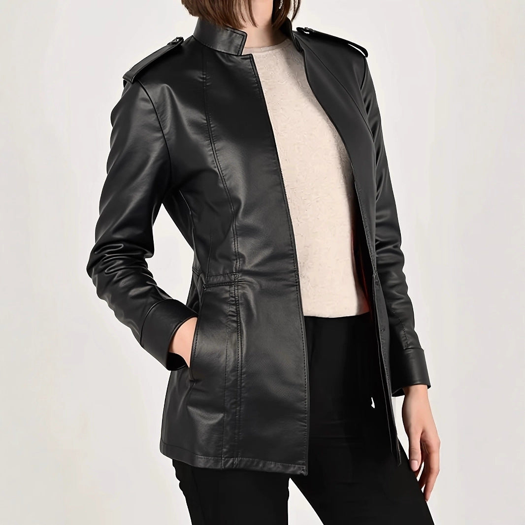 Women's Stand Collar Long Sleeve Distressed Fashion Leather Jacket Coat