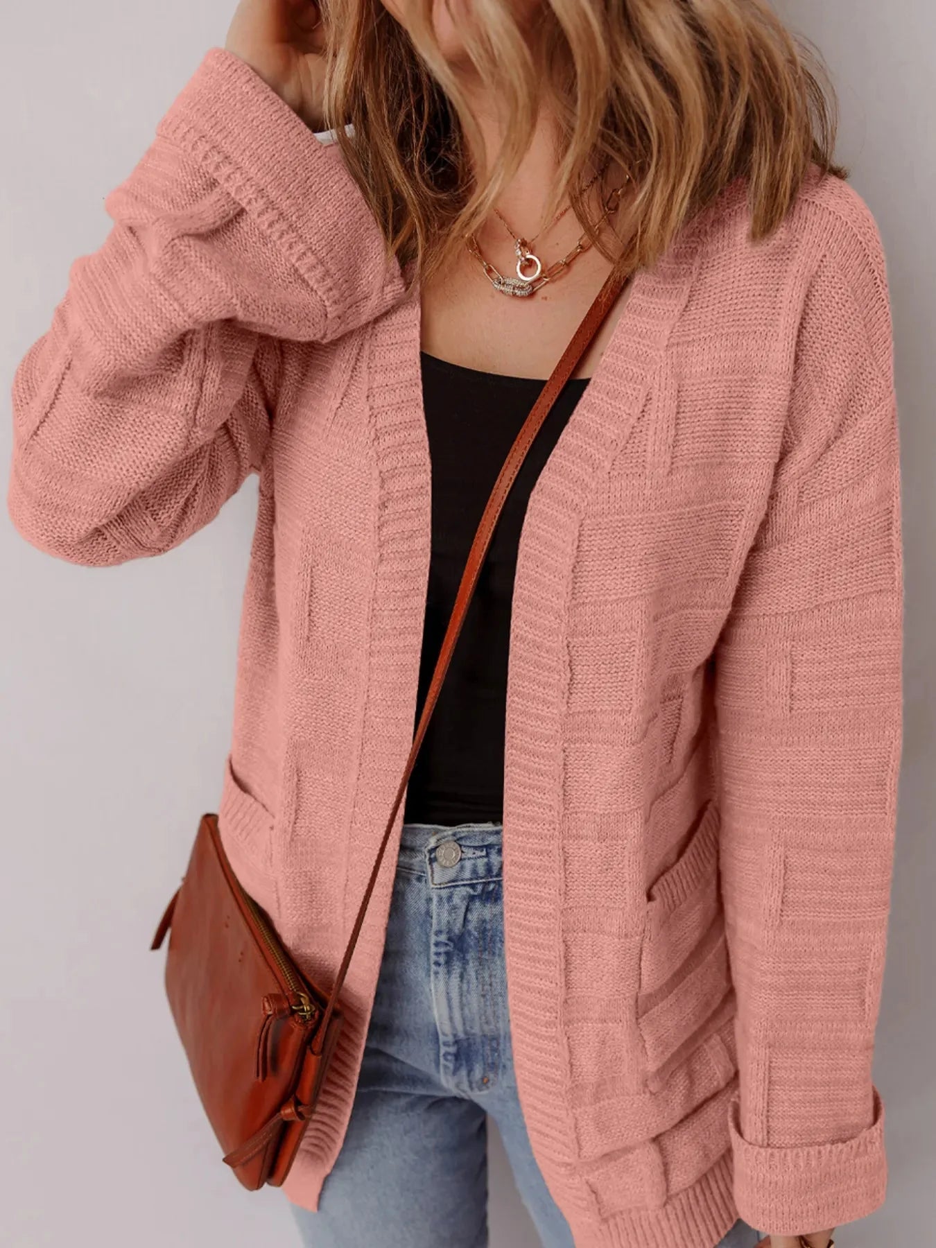 Textured Knit Open Front Cardigan with Pockets