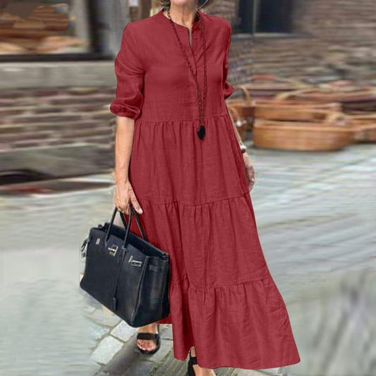 Women's Solid Color Wide Hem Casual Loose Lapel Cotton Linen Long Dress
