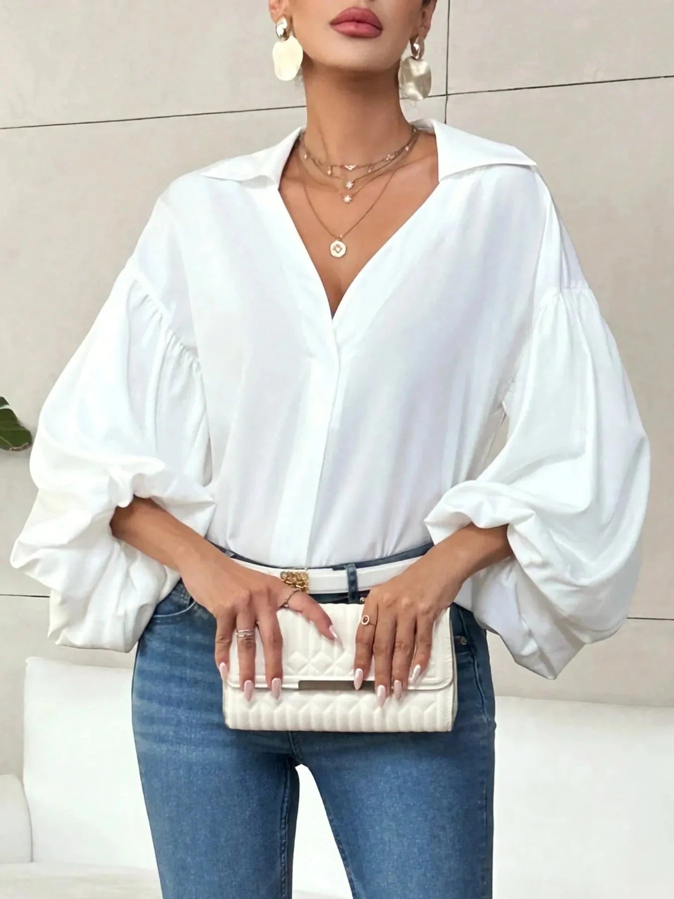 Oversized Polka Dot Balloon Sleeve Blouse