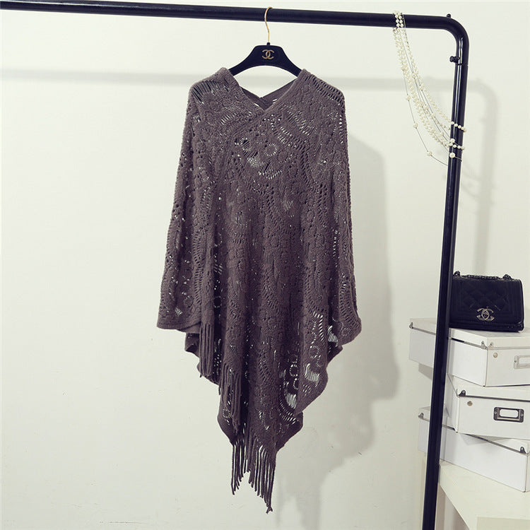 Women's Knitted Crocheted Hollow Irregular Tassel Pullover Sweater