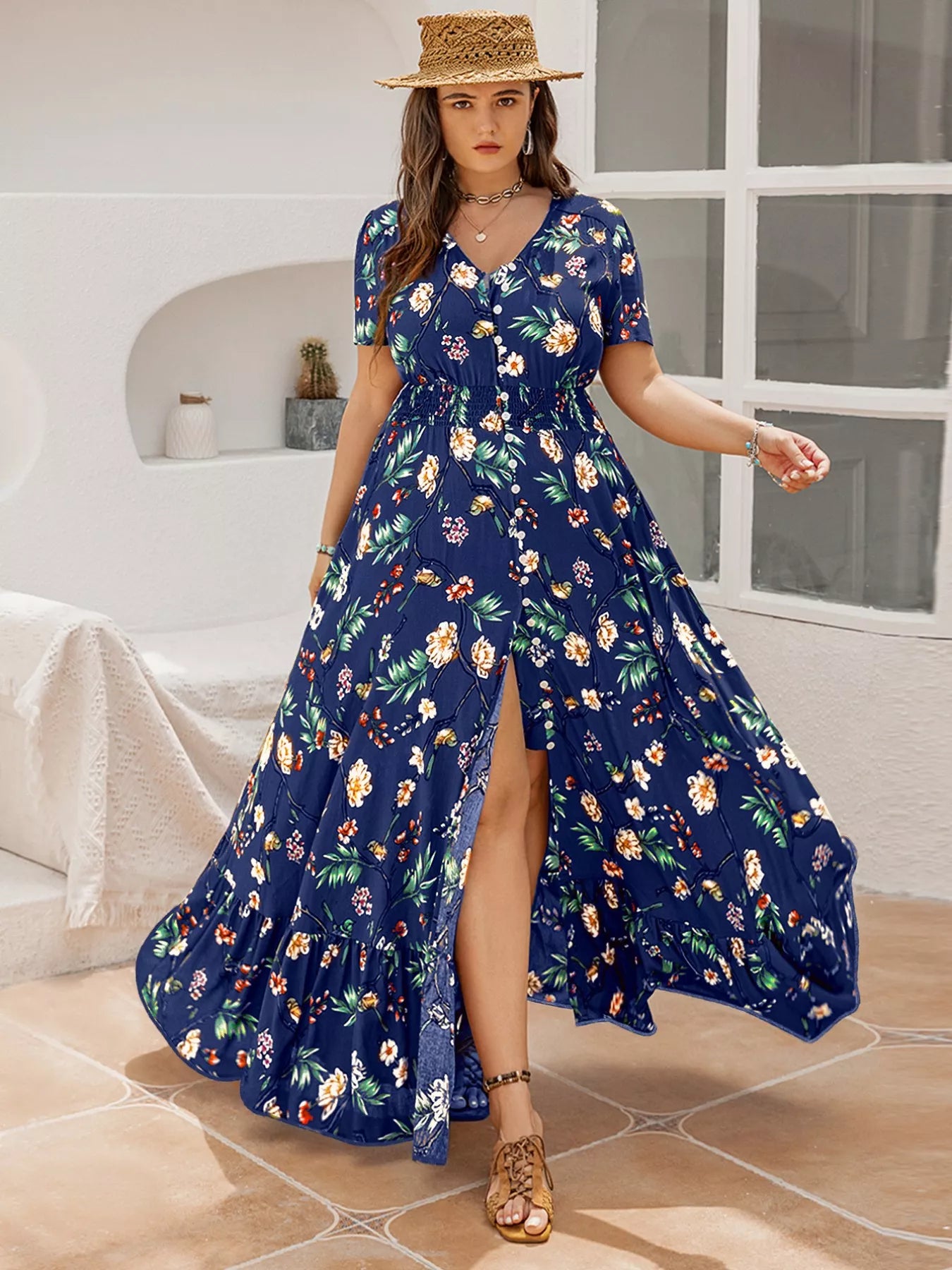 Plus Size Floral V Neck Short Sleeve Maxi Dress