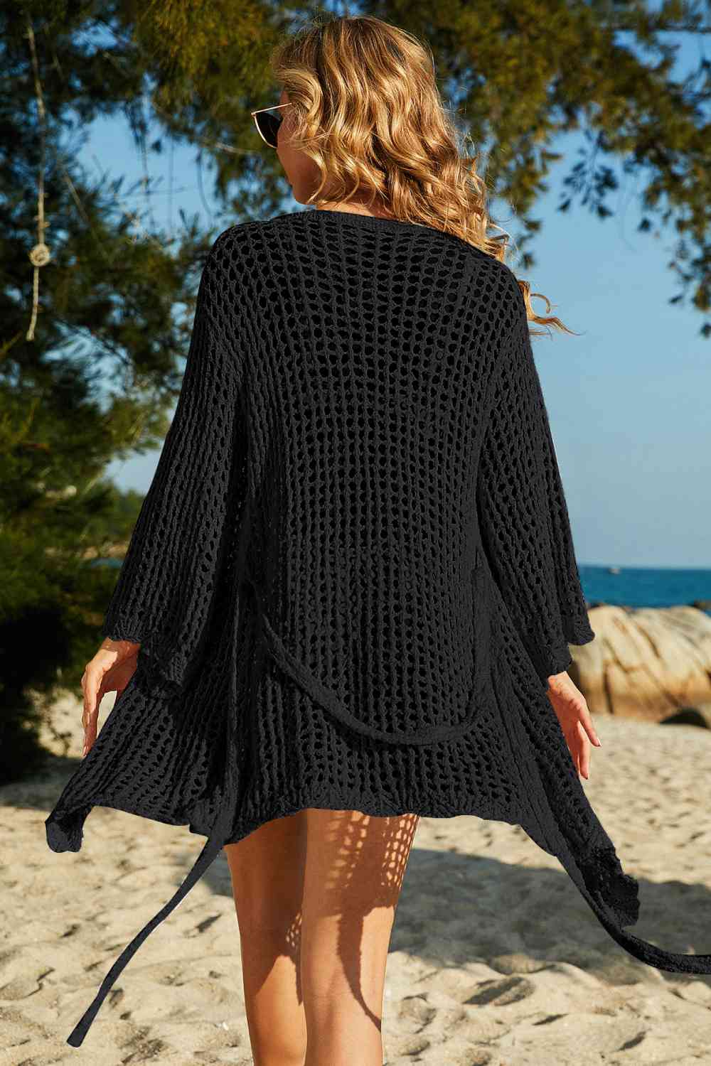 BeachChic Tie-Waist Openwork Crochet Cover Up – Stylish Flare Sleeves
