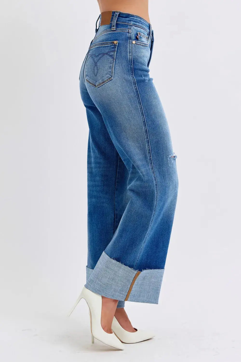 Distressed High Waist Wide Leg Cuffed Judy Blue Jeans – Full Size