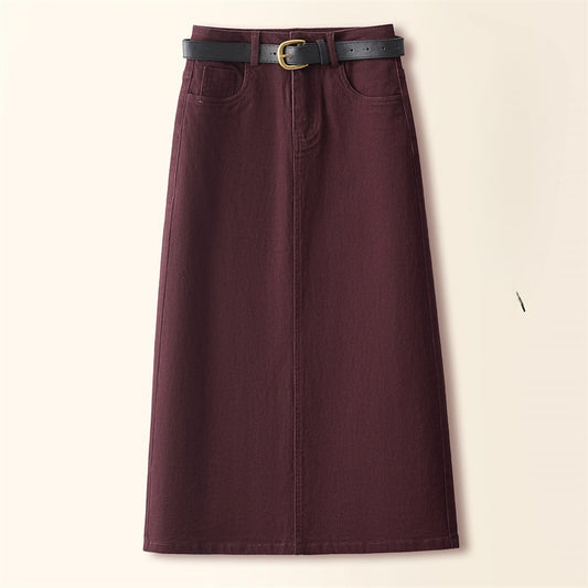 Brown A- Line Straight Skirt Retro Slit Hip Skirt