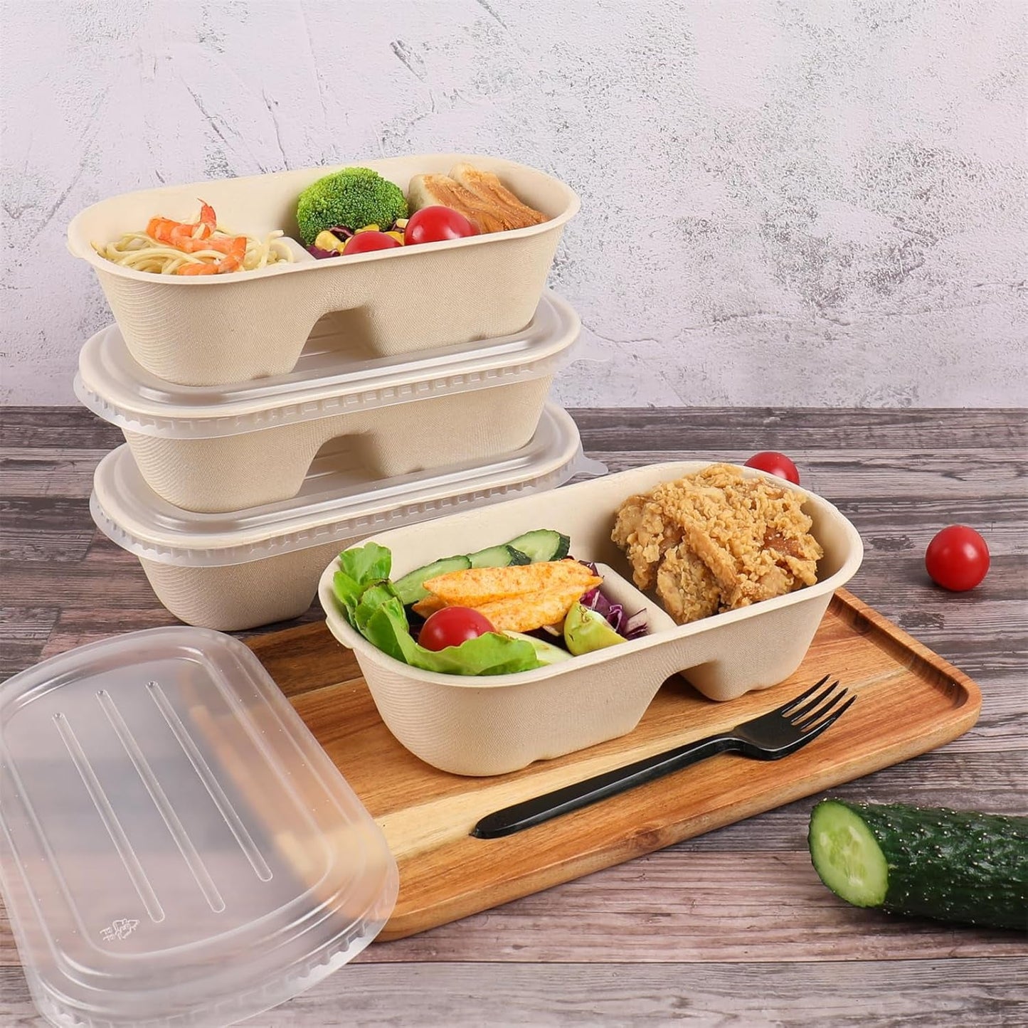 28 Oz Disposable Bowls with Lids, 2 Compartments Sugarcane Fiber Food Container, Food Storage, 50 Pack