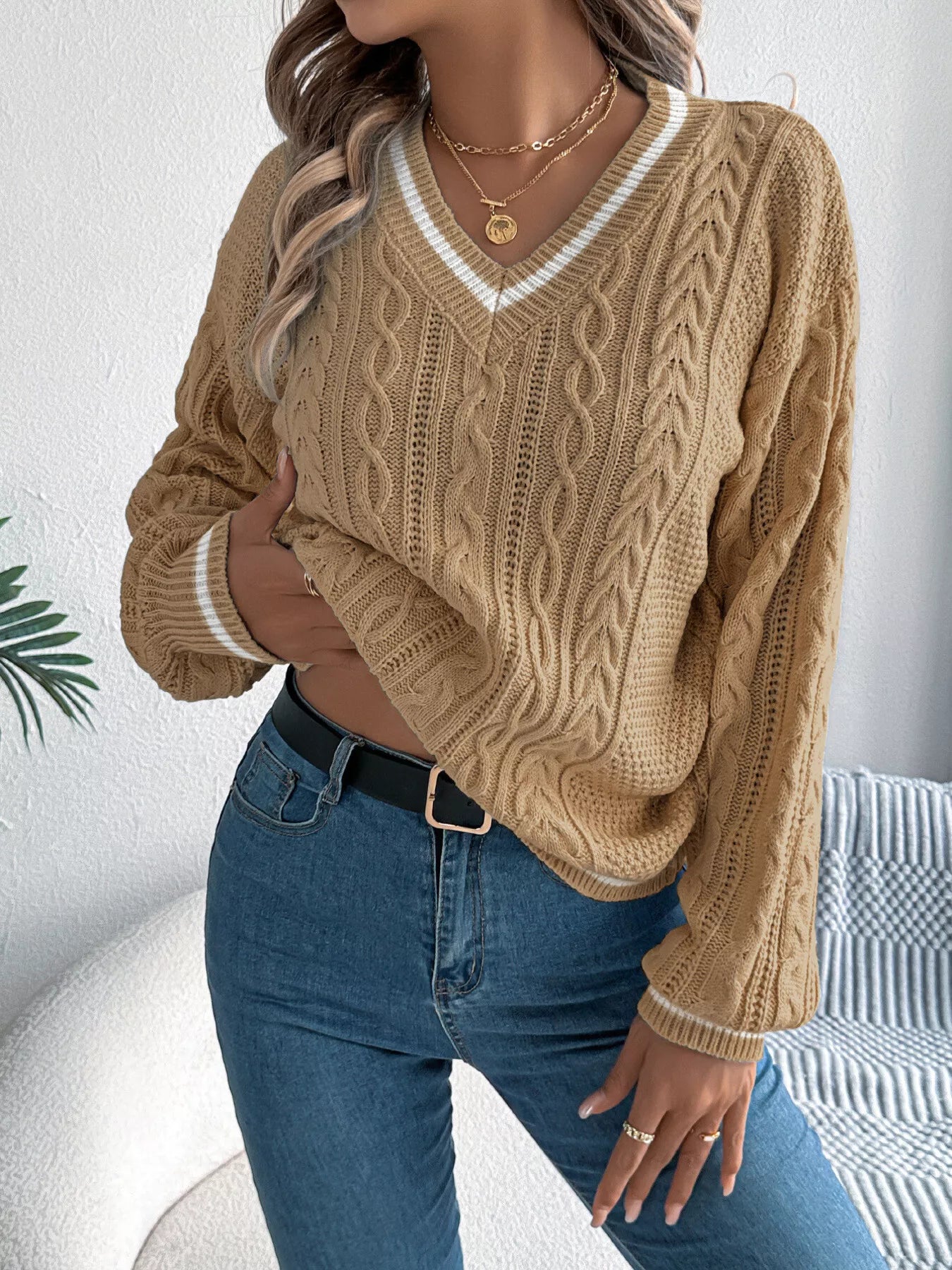 V-Neck Cable Knit Long Sleeve Sweater