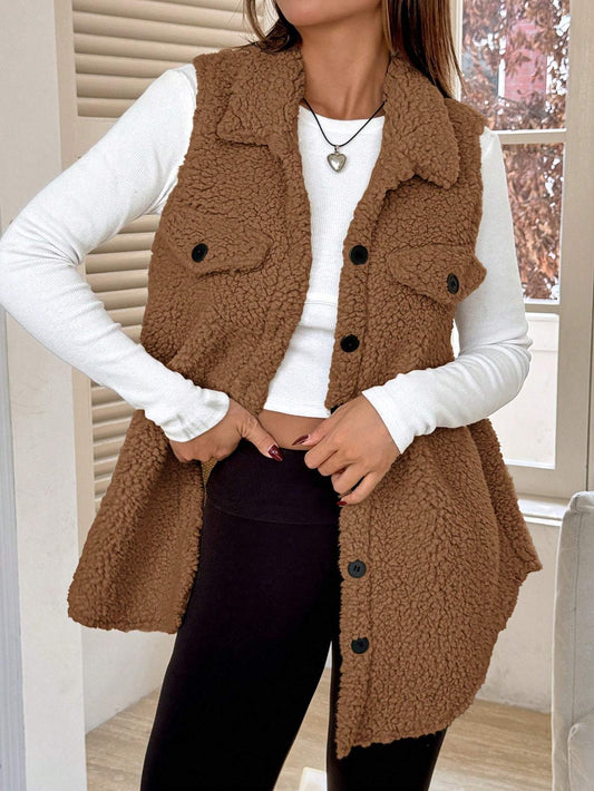 Suitable For Winter Flip Detail Teddy Vest, Simple And Fashionable