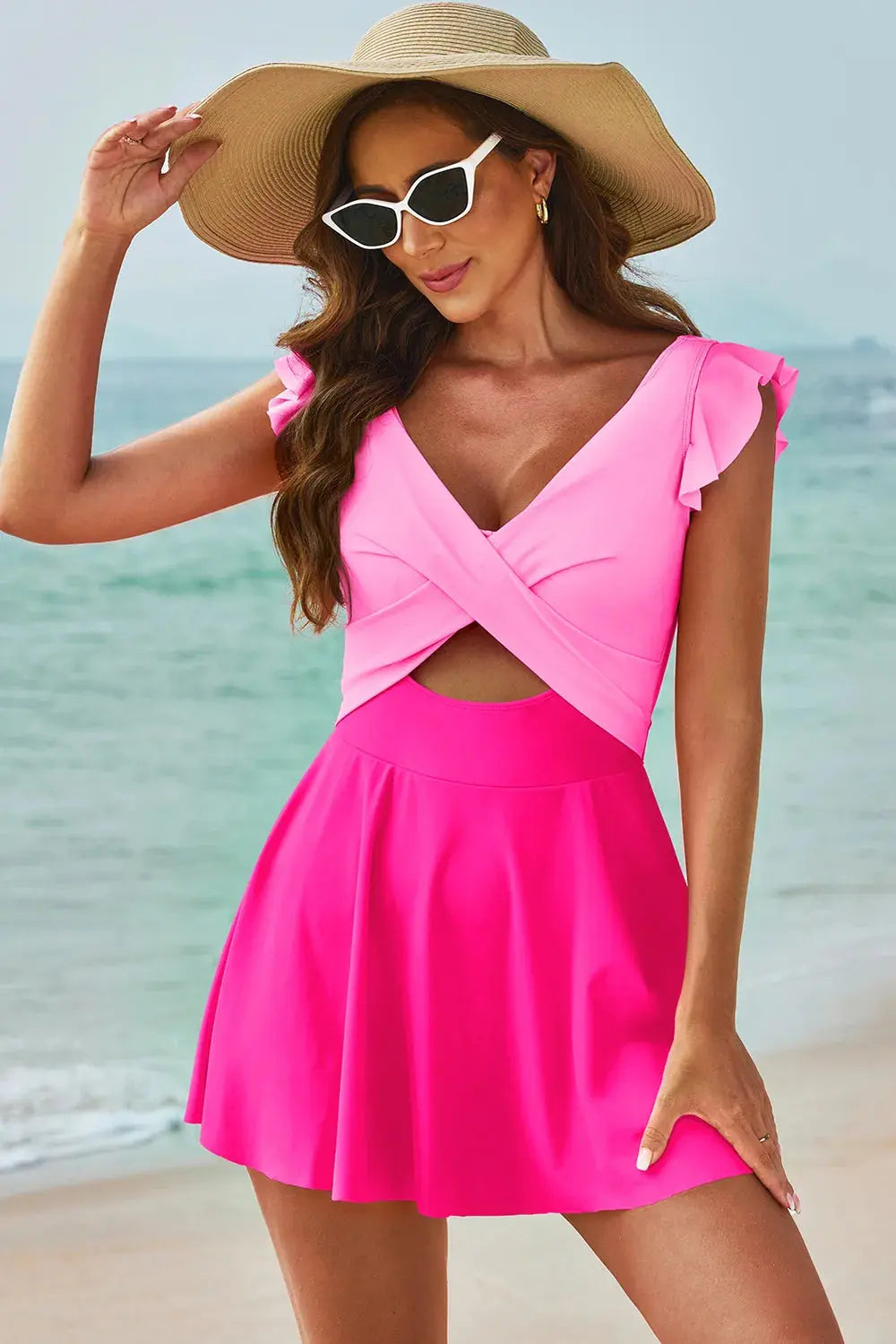 Cutout V-Neck Backless One Piece Swim Dress