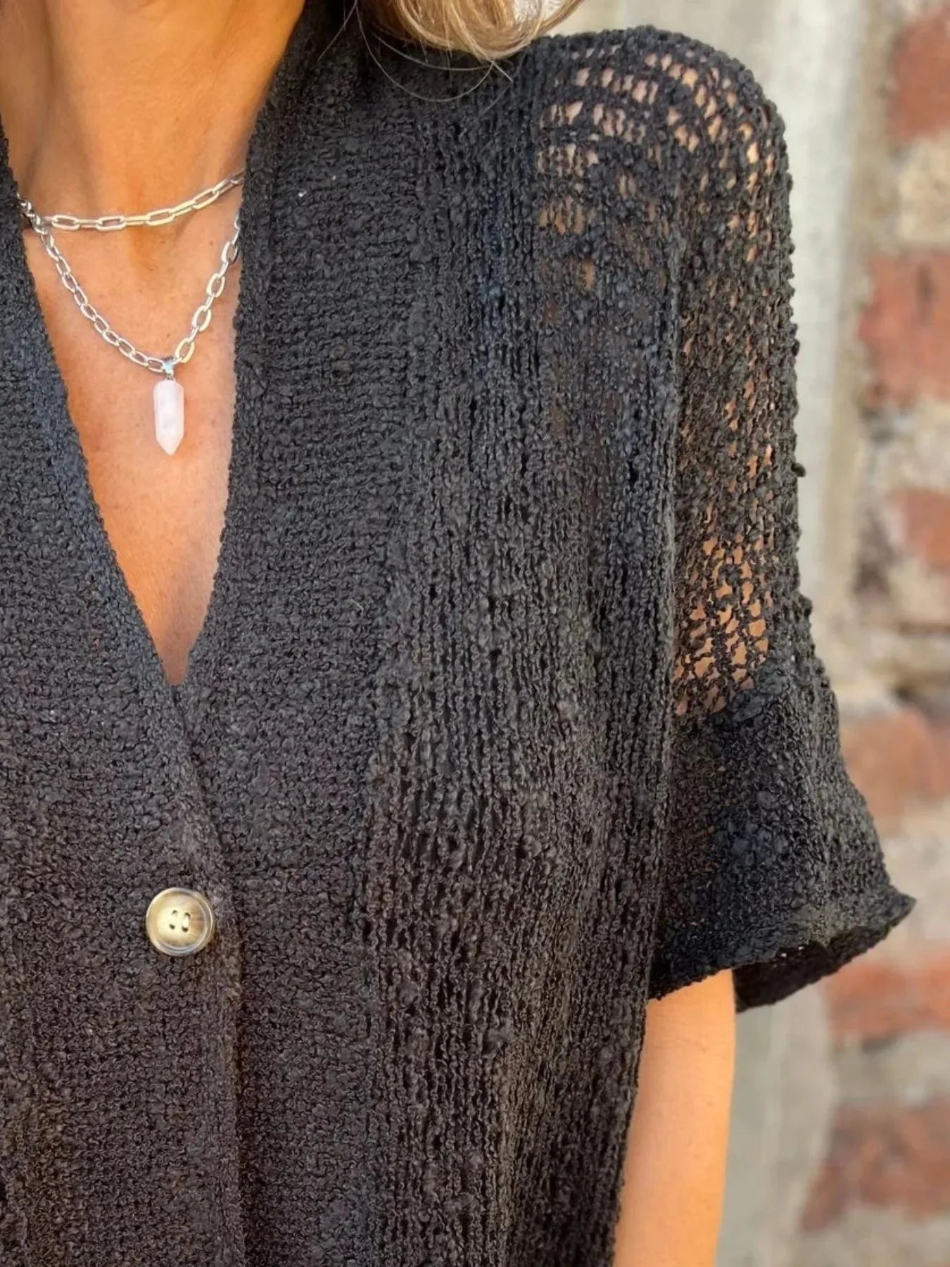 Full Size Knit Openwork One Button Cardigan