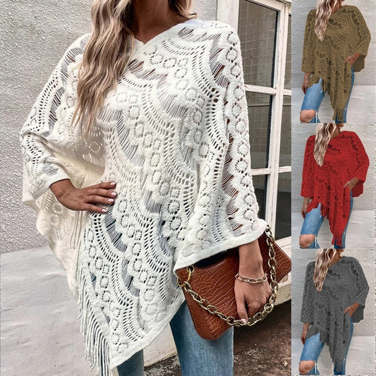Women's Knitted Crocheted Hollow Irregular Tassel Pullover Sweater