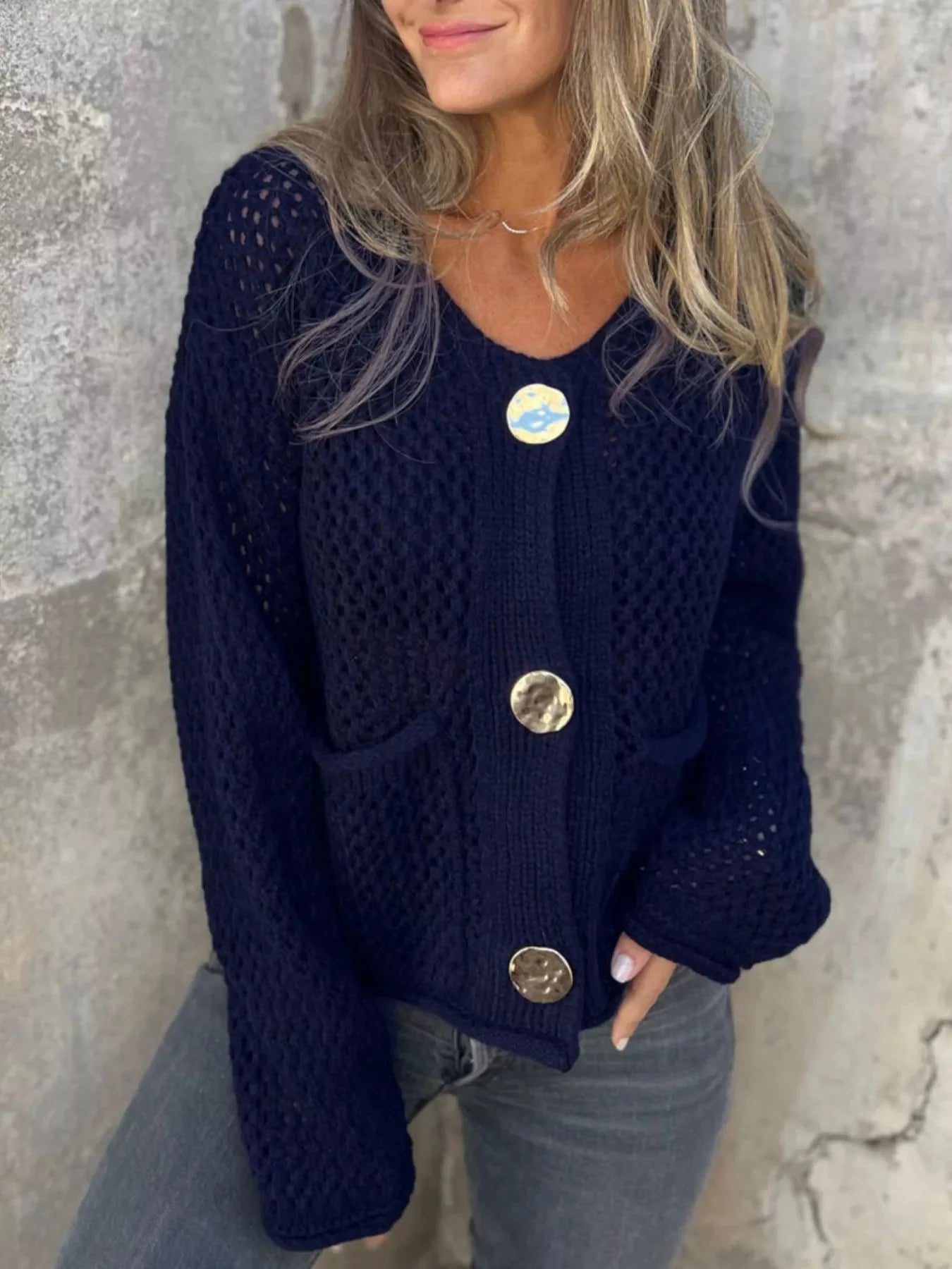 Crochet Button Up Long Sleeve Cardigan
