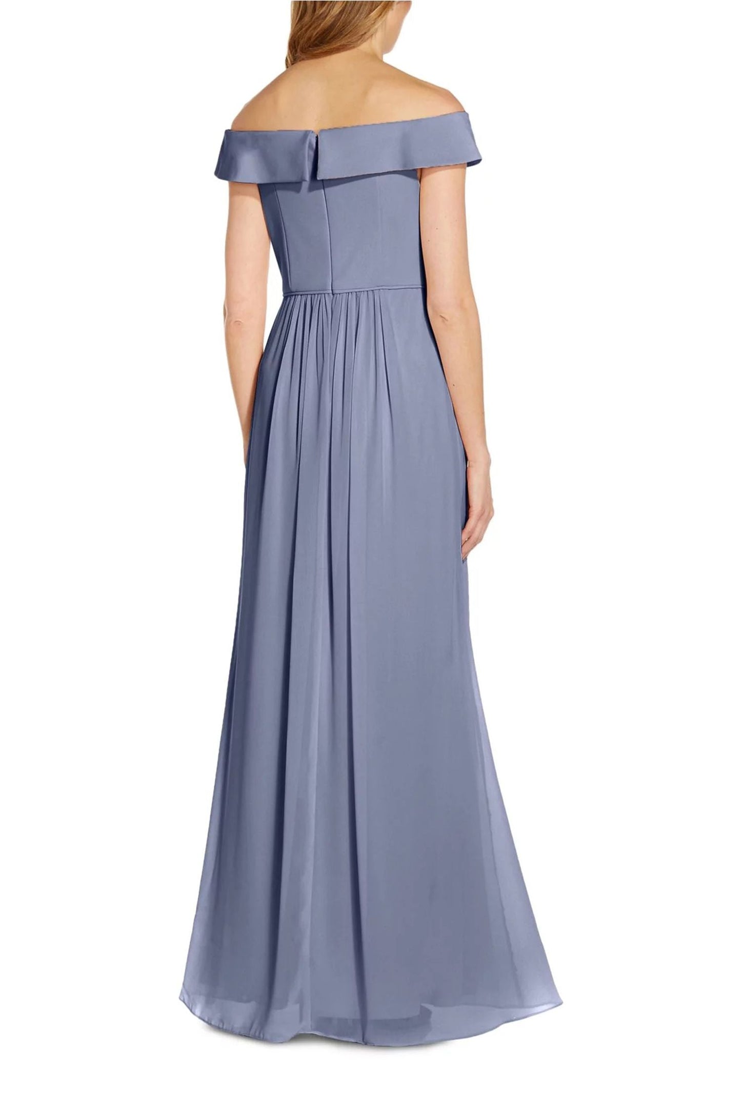 Adrianna Papell Off Shoulder Zipper Back Ruched Piping Detail Crepe Chiffon Dress